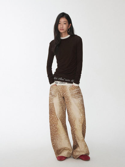 1JINN STUDIO Solid Crew Neck Sheer Hem Letter Print Women&