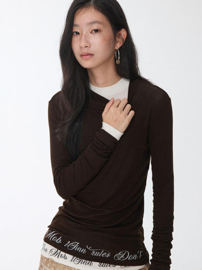 1JINN STUDIO Solid Crew Neck Sheer Hem Letter Print Women&