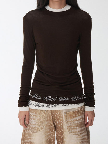 1JINN STUDIO Solid Crew Neck Sheer Hem Letter Print Women&
