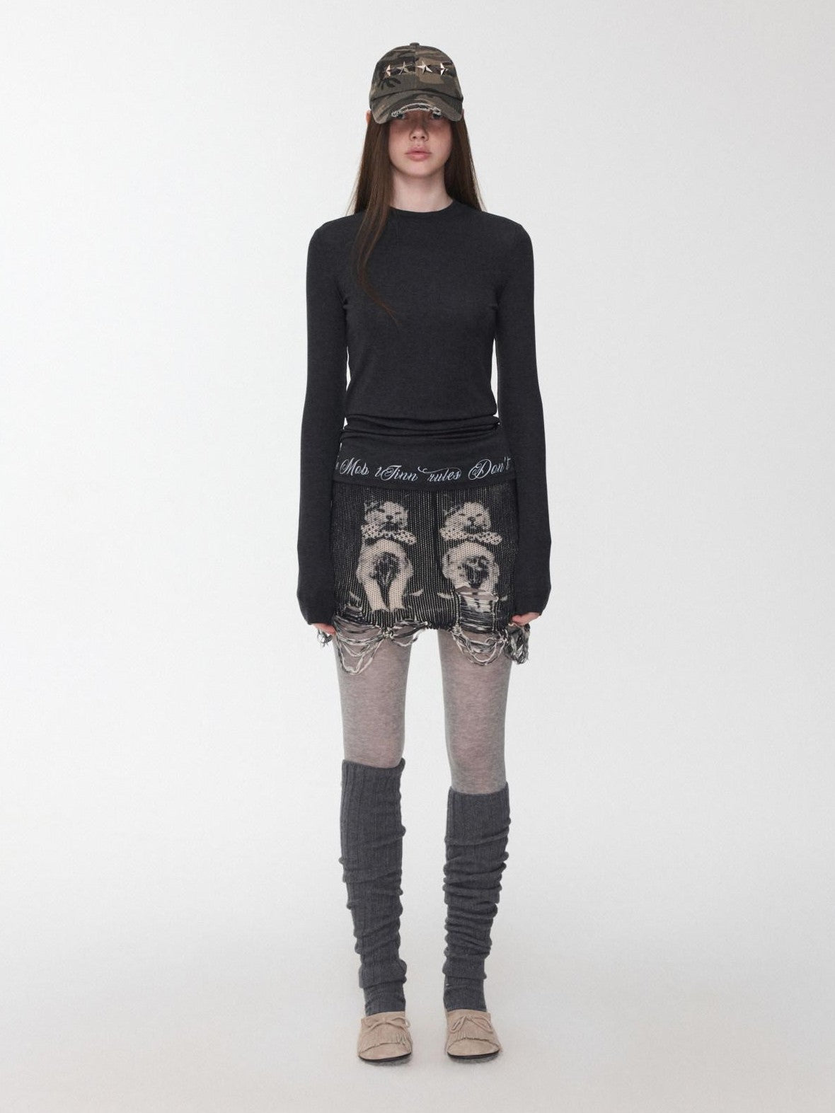 1JINN STUDIO Solid Crew Neck Sheer Hem Letter Print Women&