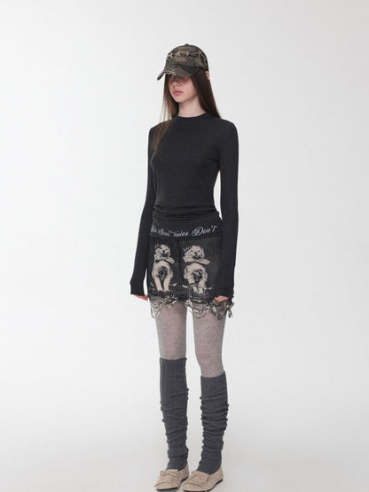 1JINN STUDIO Solid Crew Neck Sheer Hem Letter Print Women&