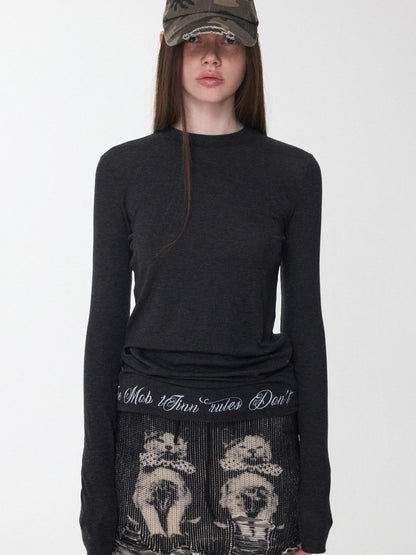 1JINN STUDIO Solid Crew Neck Sheer Hem Letter Print Women&