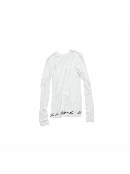 1JINN STUDIO Solid Crew Neck Sheer Hem Letter Print Women&