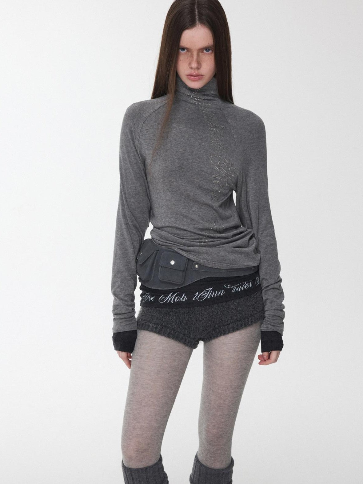 1JINN STUDIO Solid Crew Neck Sheer Hem Letter Print Women&