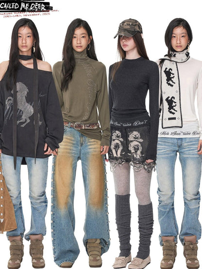 1JINN STUDIO Solid Crew Neck Sheer Hem Letter Print Women&