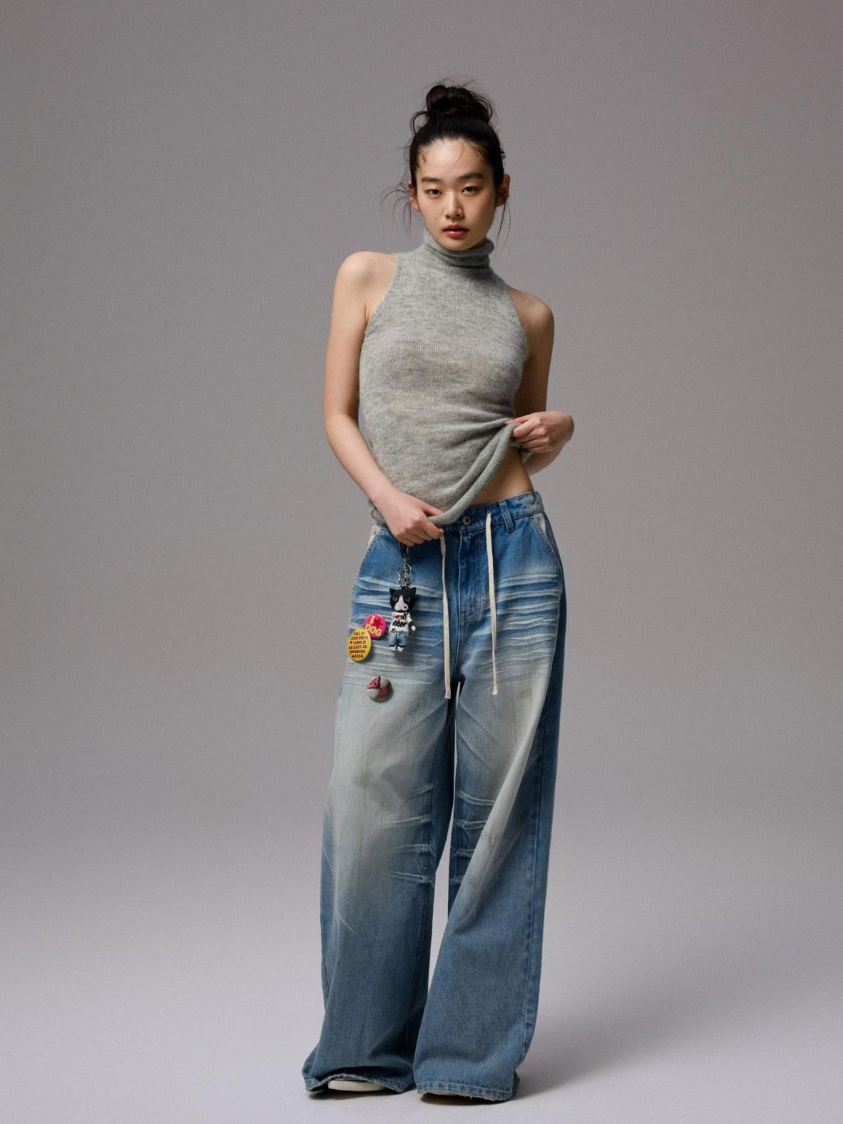 1JINN STUDIO Solid High Neck Cinched Waist Knitted Women&