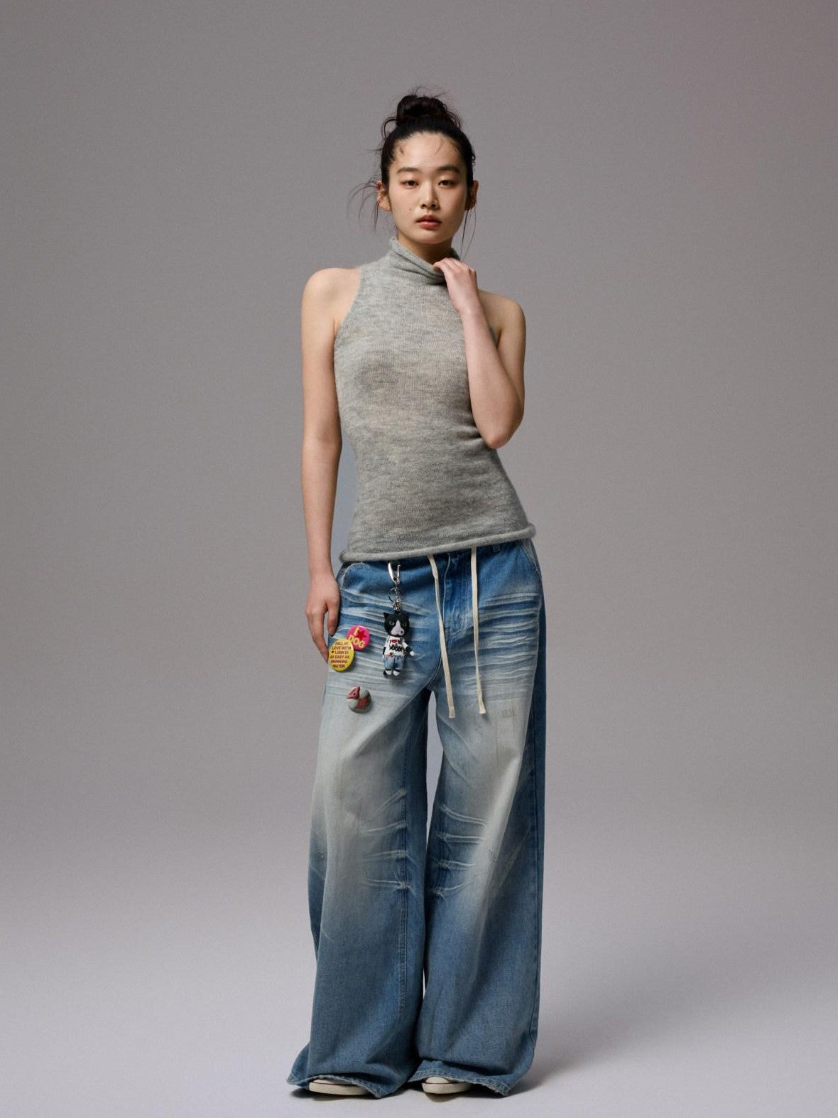 1JINN STUDIO Solid High Neck Cinched Waist Knitted Women&