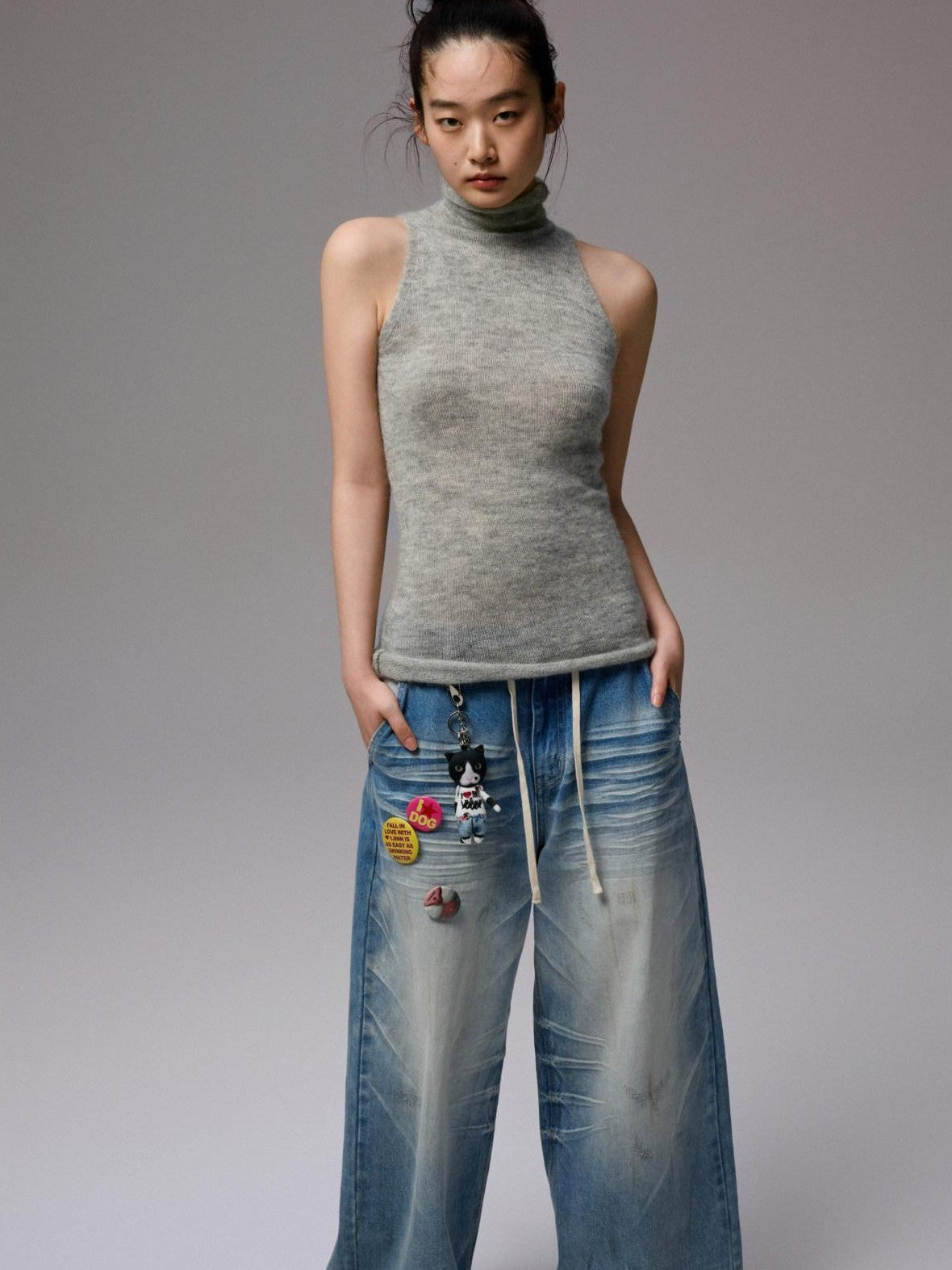 1JINN STUDIO Solid High Neck Cinched Waist Knitted Women&