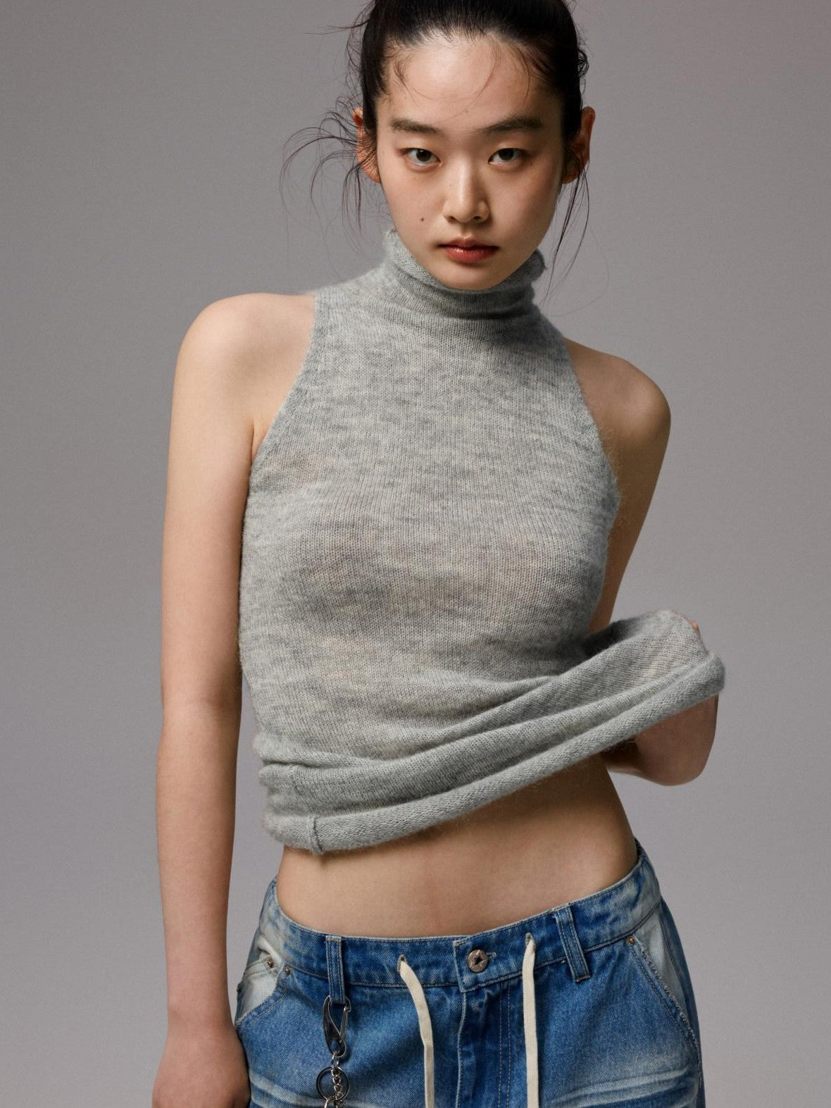 1JINN STUDIO Solid High Neck Cinched Waist Knitted Women&