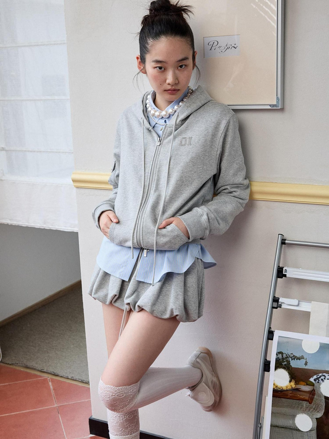 1JINN STUDIO Solid Irregular Shell Button Long Sleeve Slim Fit Women&