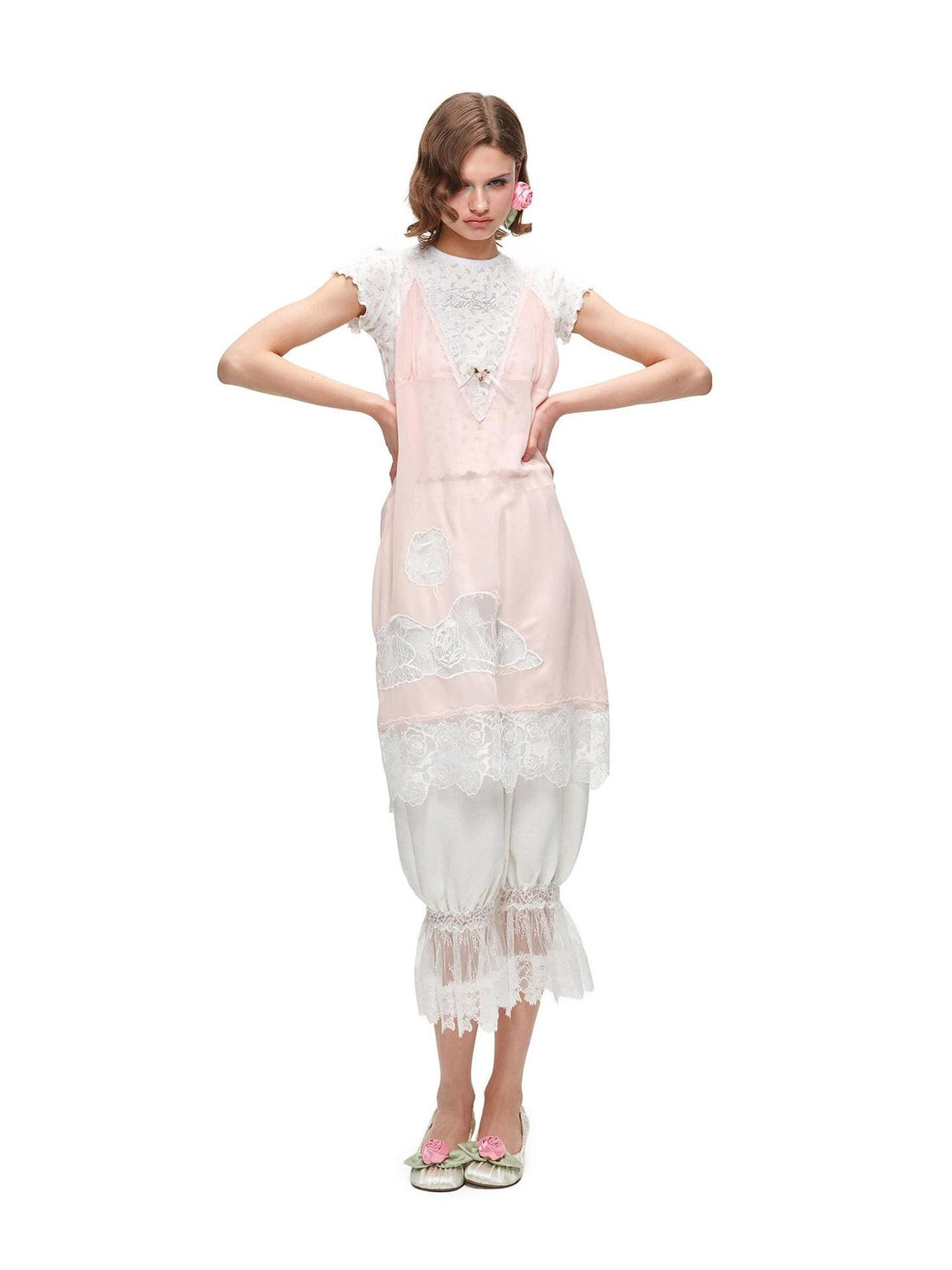 1JINN STUDIO Solid Lace Lantern Style Loose Drape Elastic Waist Women&