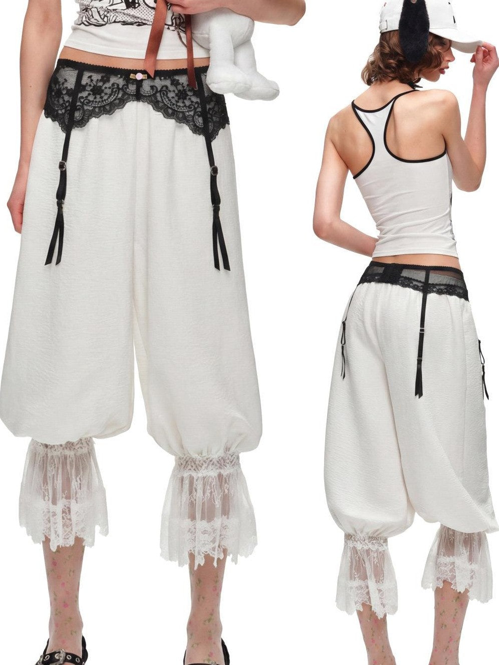1JINN STUDIO Solid Lace Lantern Style Loose Drape Elastic Waist Women&