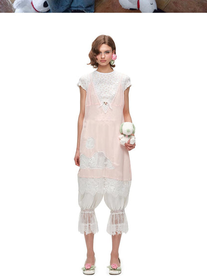 1JINN STUDIO Solid Lace Lantern Style Loose Drape Elastic Waist Women&