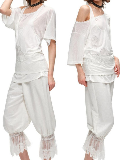 1JINN STUDIO Solid Lace Lantern Style Loose Drape Elastic Waist Women&
