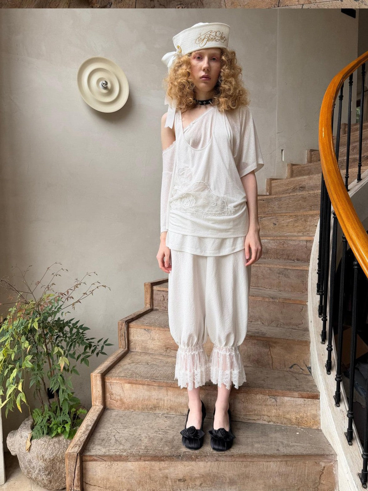 1JINN STUDIO Solid Lace Lantern Style Loose Drape Elastic Waist Women&