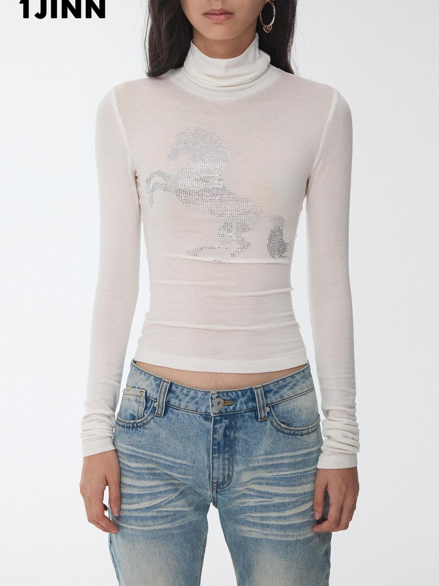1JINN STUDIO Solid Rhinestone Mock Neck Slim Fit Women&