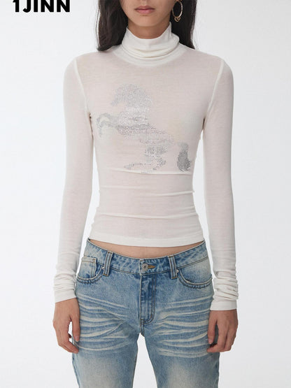 1JINN STUDIO Solid Rhinestone Mock Neck Slim Fit Women&