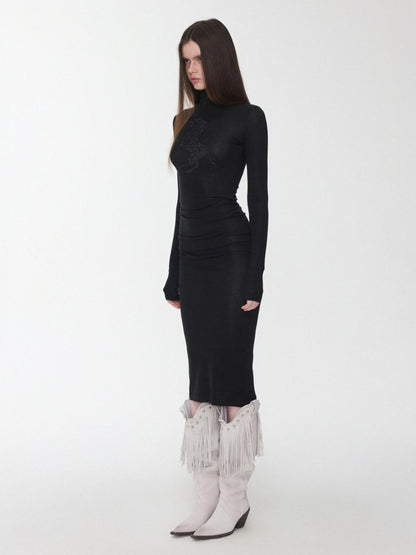 1JINN STUDIO Solid Rhinestone Mock Neck Slim Fit Women&