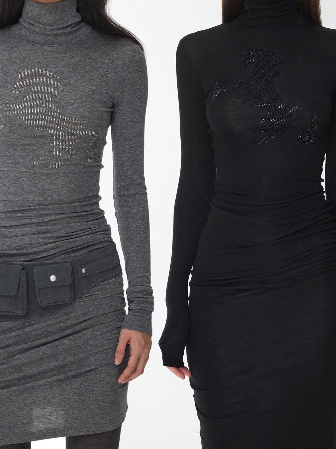 1JINN STUDIO Solid Rhinestone Mock Neck Slim Fit Women&
