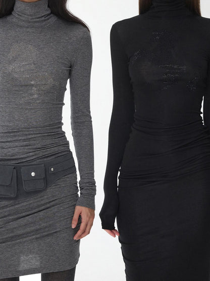 1JINN STUDIO Solid Rhinestone Mock Neck Slim Fit Women&