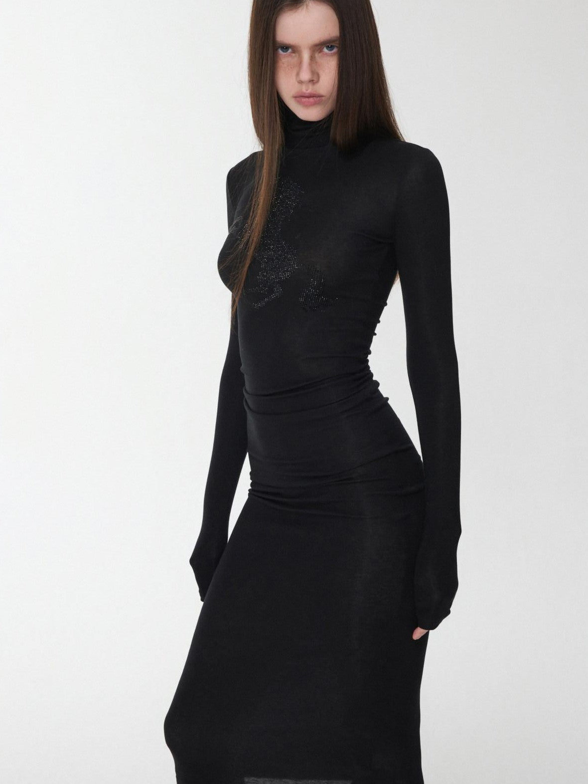 1JINN STUDIO Solid Rhinestone Mock Neck Slim Fit Women&