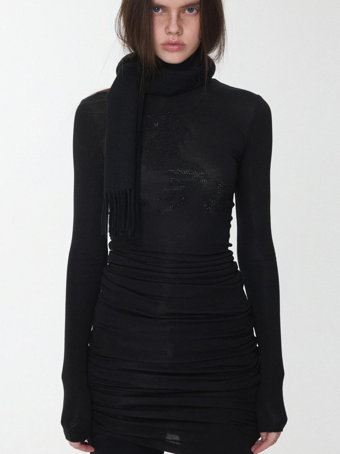 1JINN STUDIO Solid Rhinestone Mock Neck Slim Fit Women&