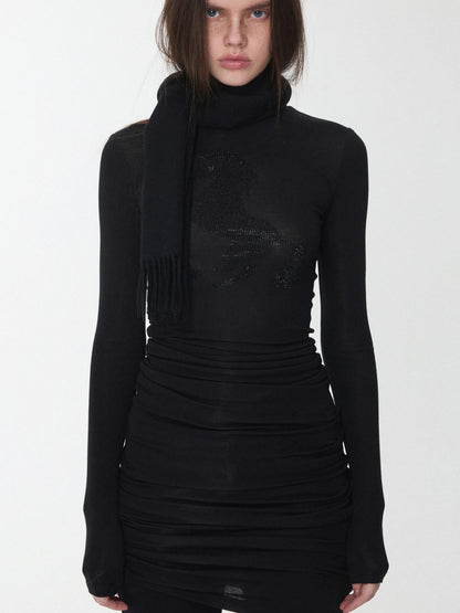 1JINN STUDIO Solid Rhinestone Mock Neck Slim Fit Women&