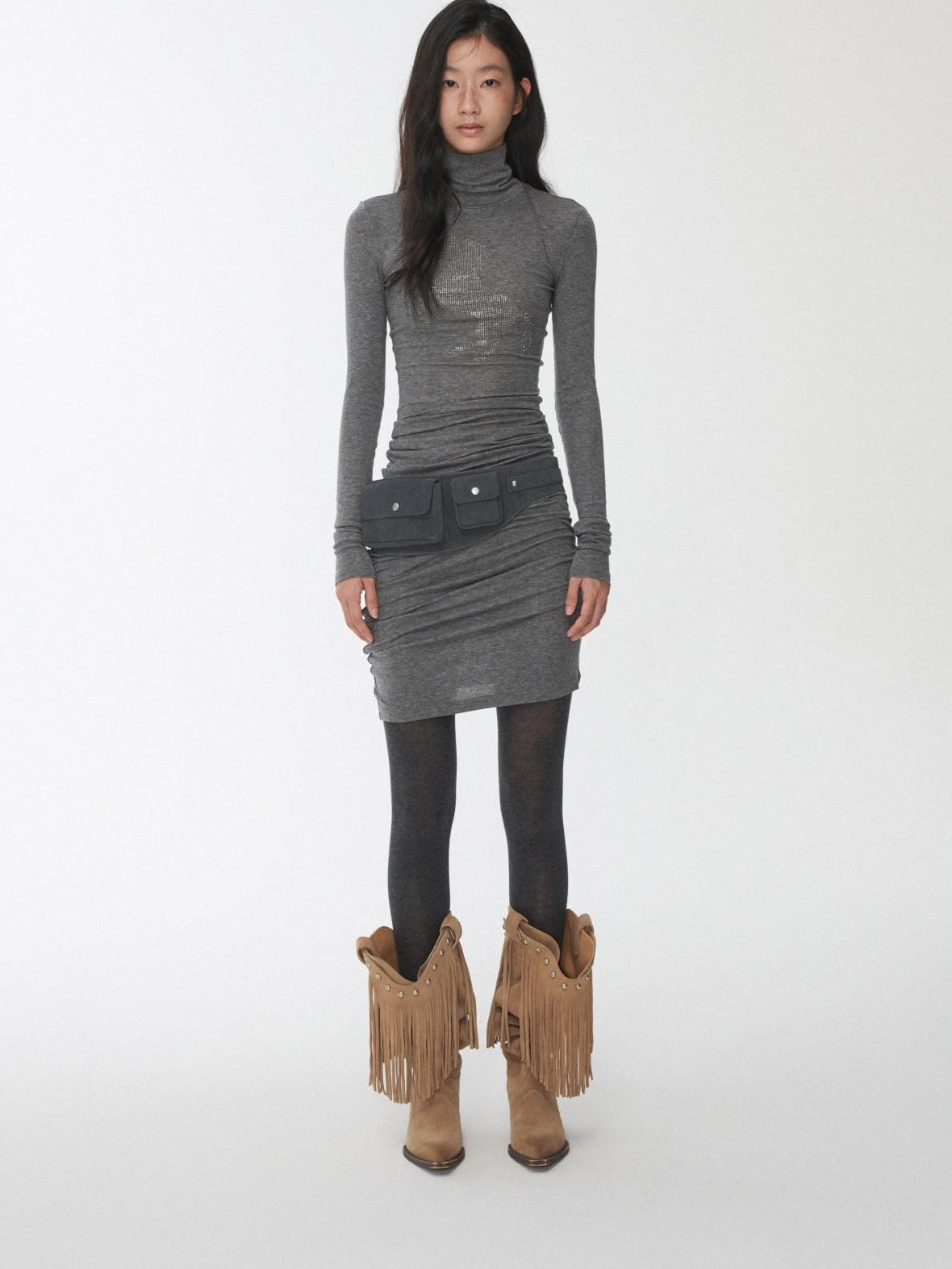 1JINN STUDIO Solid Rhinestone Mock Neck Slim Fit Women&