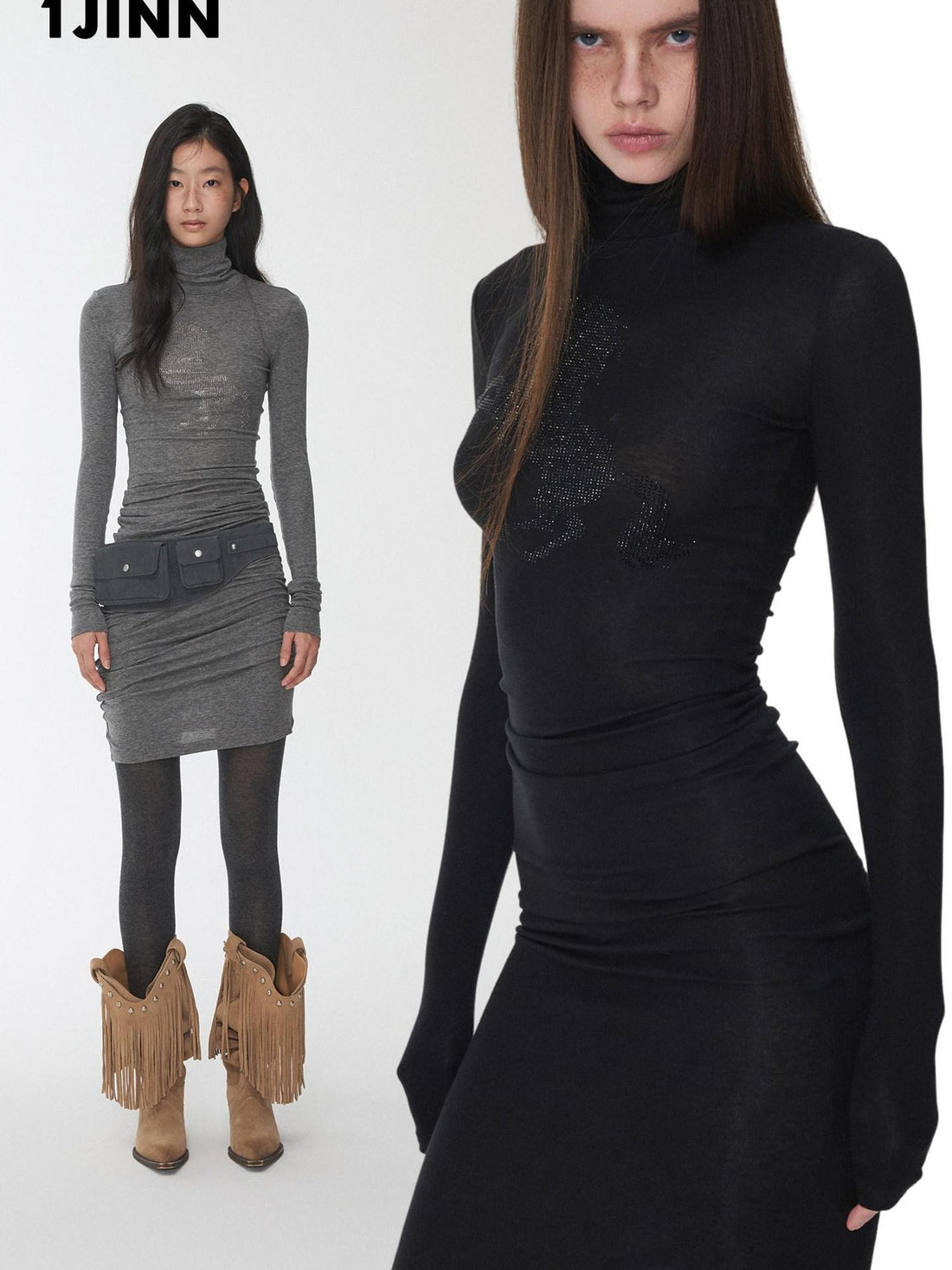 1JINN STUDIO Solid Rhinestone Mock Neck Slim Fit Women&