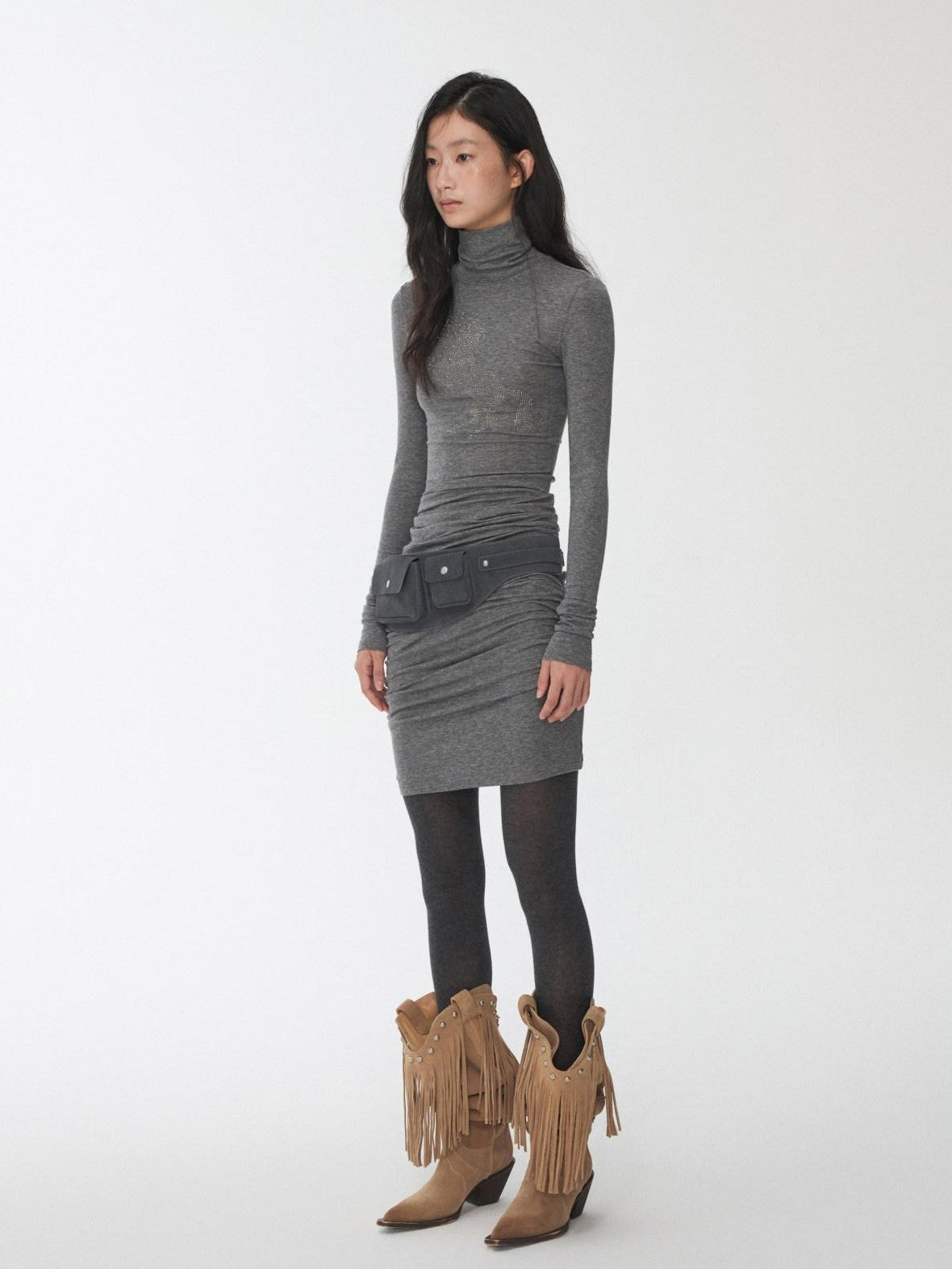 1JINN STUDIO Solid Rhinestone Mock Neck Slim Fit Women&