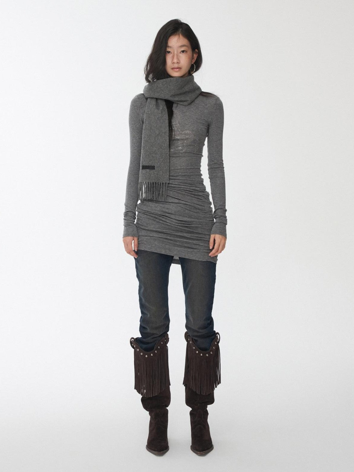 1JINN STUDIO Solid Rhinestone Mock Neck Slim Fit Women&