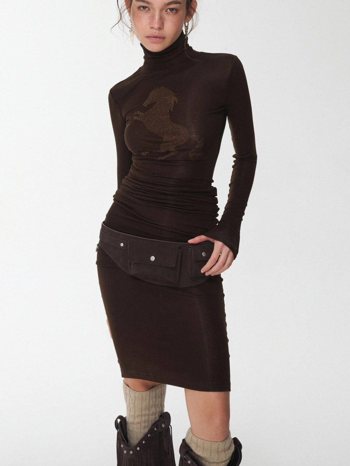 1JINN STUDIO Solid Rhinestone Mock Neck Slim Fit Women&