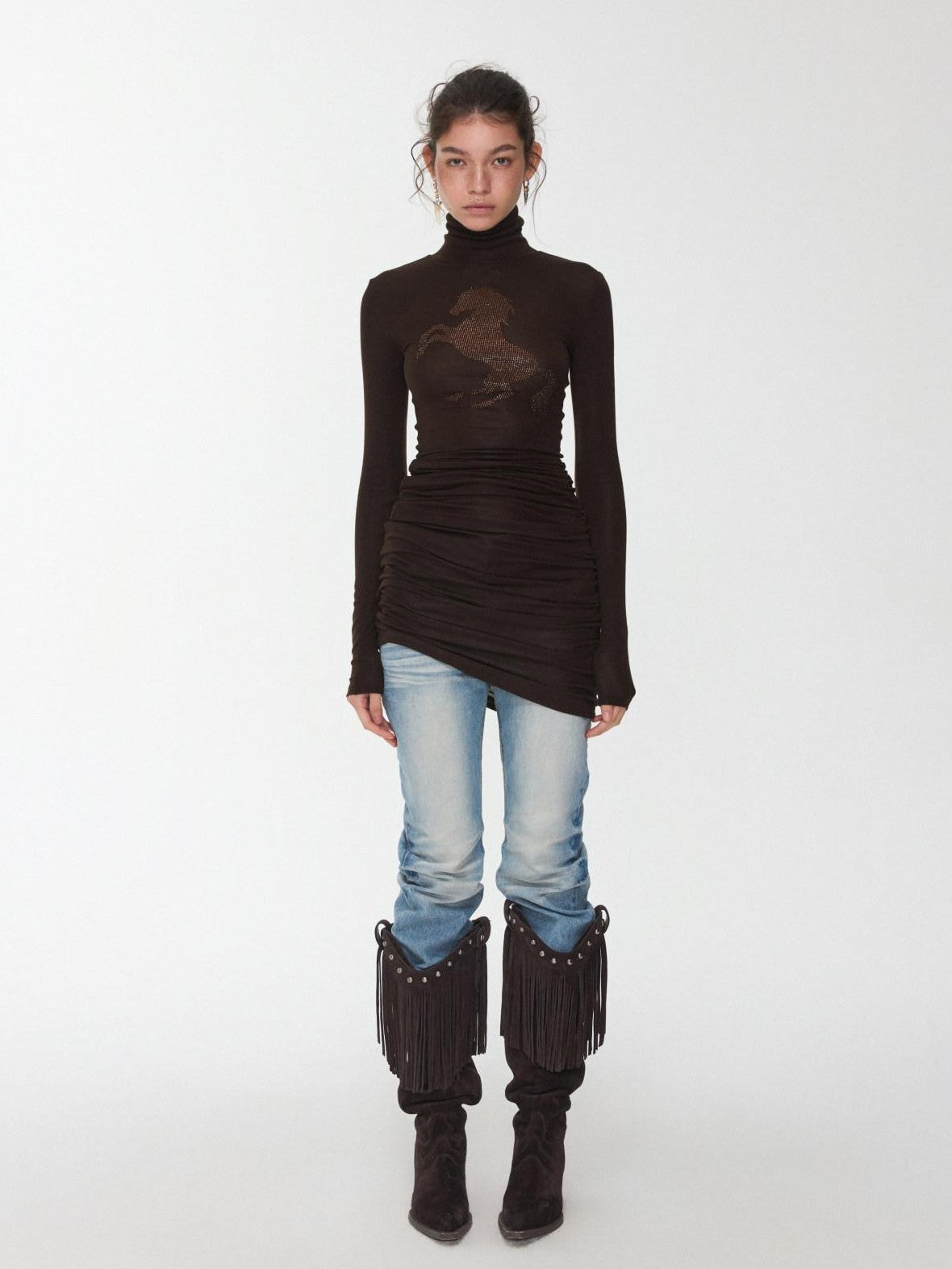 1JINN STUDIO Solid Rhinestone Mock Neck Slim Fit Women&