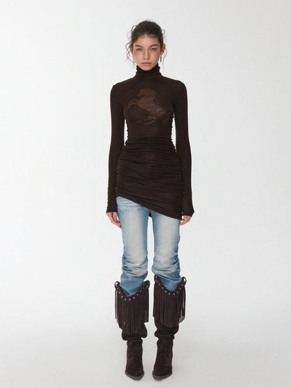 1JINN STUDIO Solid Rhinestone Mock Neck Slim Fit Women&