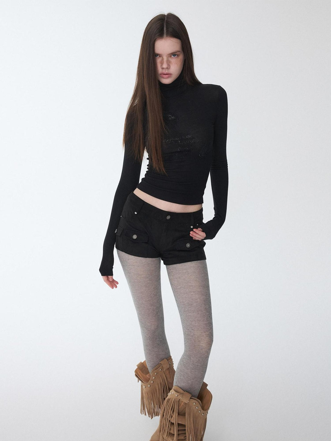 1JINN STUDIO Solid Rhinestone Mock Neck Slim Fit Women&