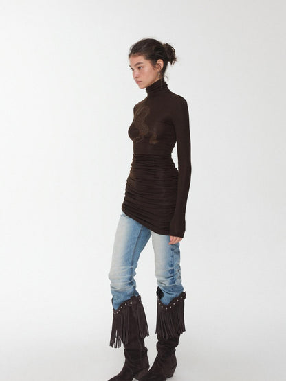 1JINN STUDIO Solid Rhinestone Mock Neck Slim Fit Women&