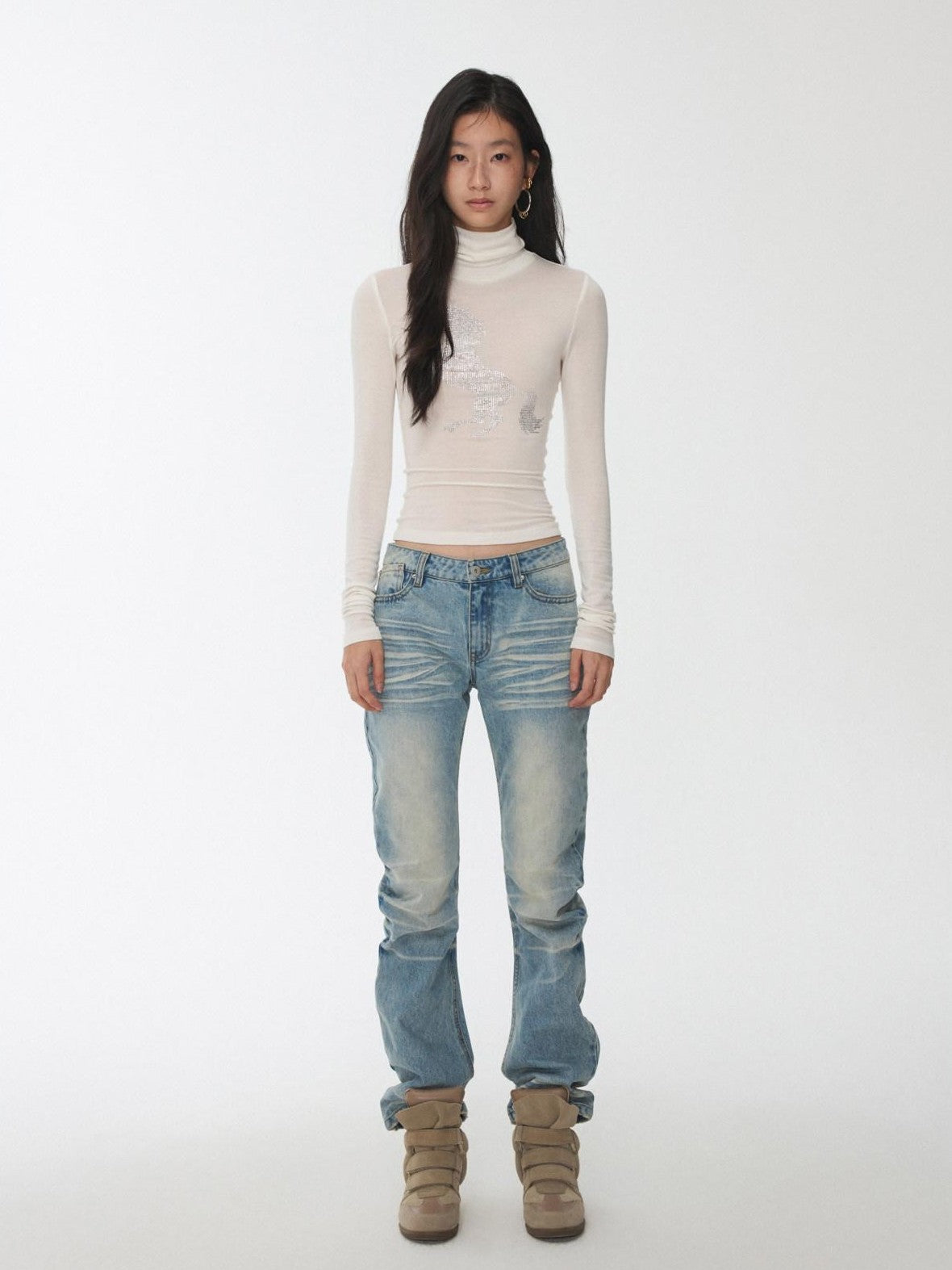 1JINN STUDIO Solid Rhinestone Mock Neck Slim Fit Women&