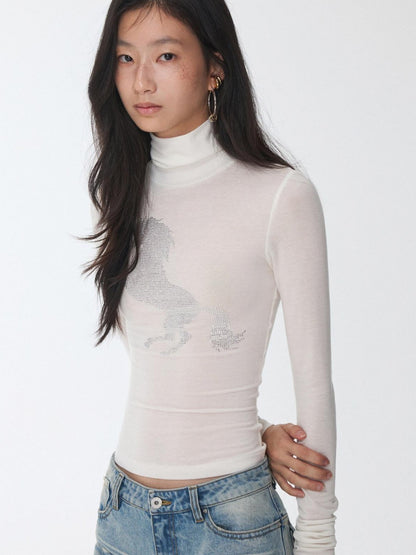1JINN STUDIO Solid Rhinestone Mock Neck Slim Fit Women&