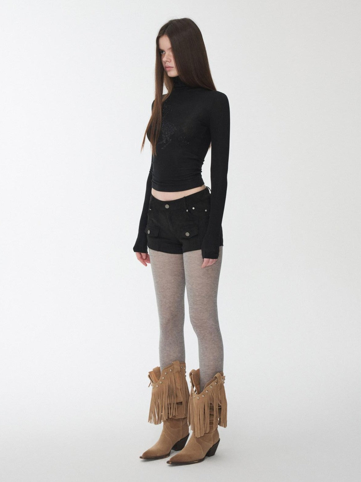 1JINN STUDIO Solid Rhinestone Mock Neck Slim Fit Women&