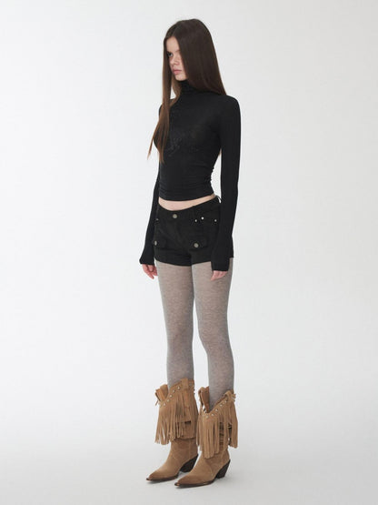 1JINN STUDIO Solid Rhinestone Mock Neck Slim Fit Women&