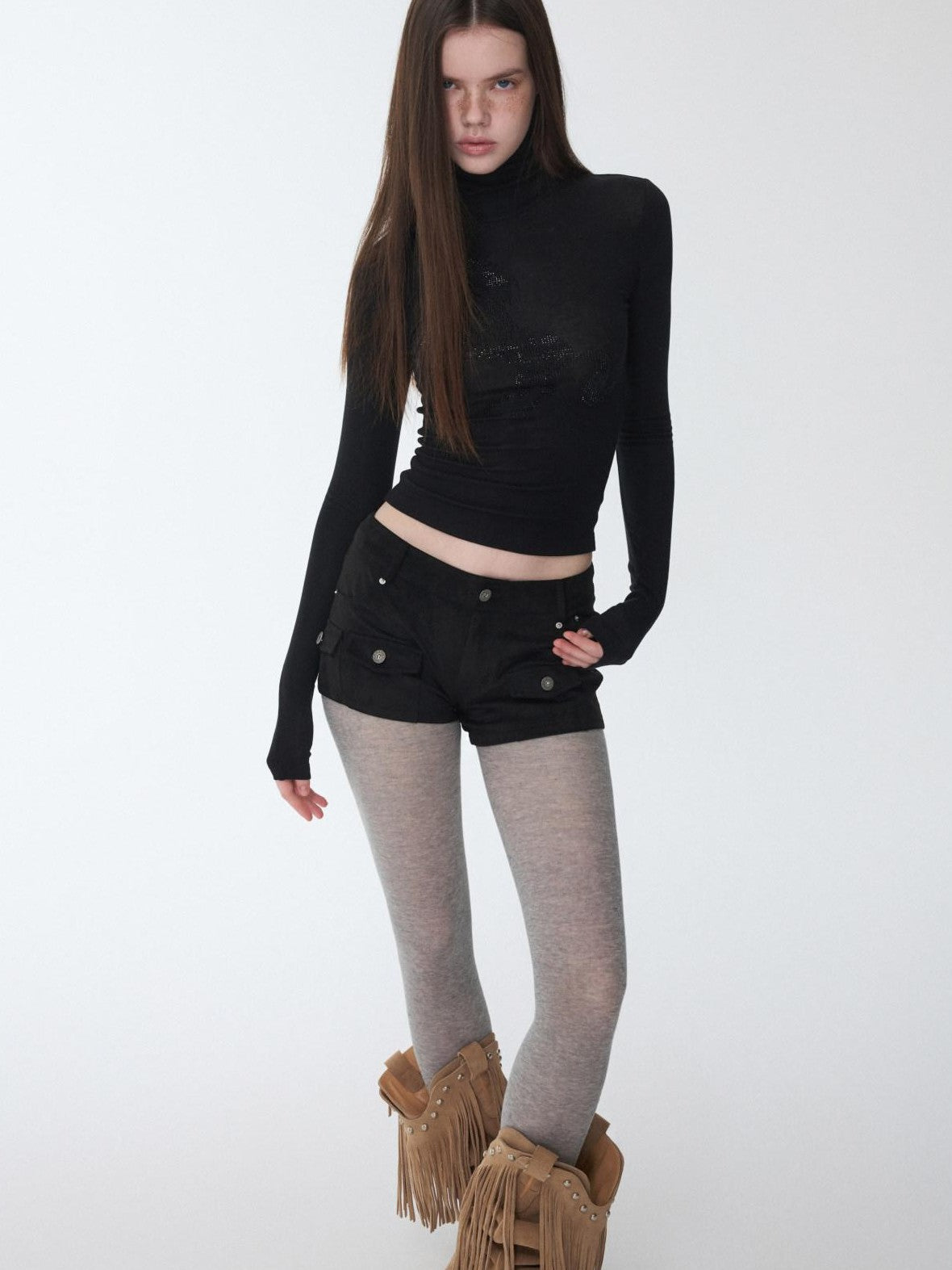 1JINN STUDIO Solid Rhinestone Mock Neck Slim Fit Women&
