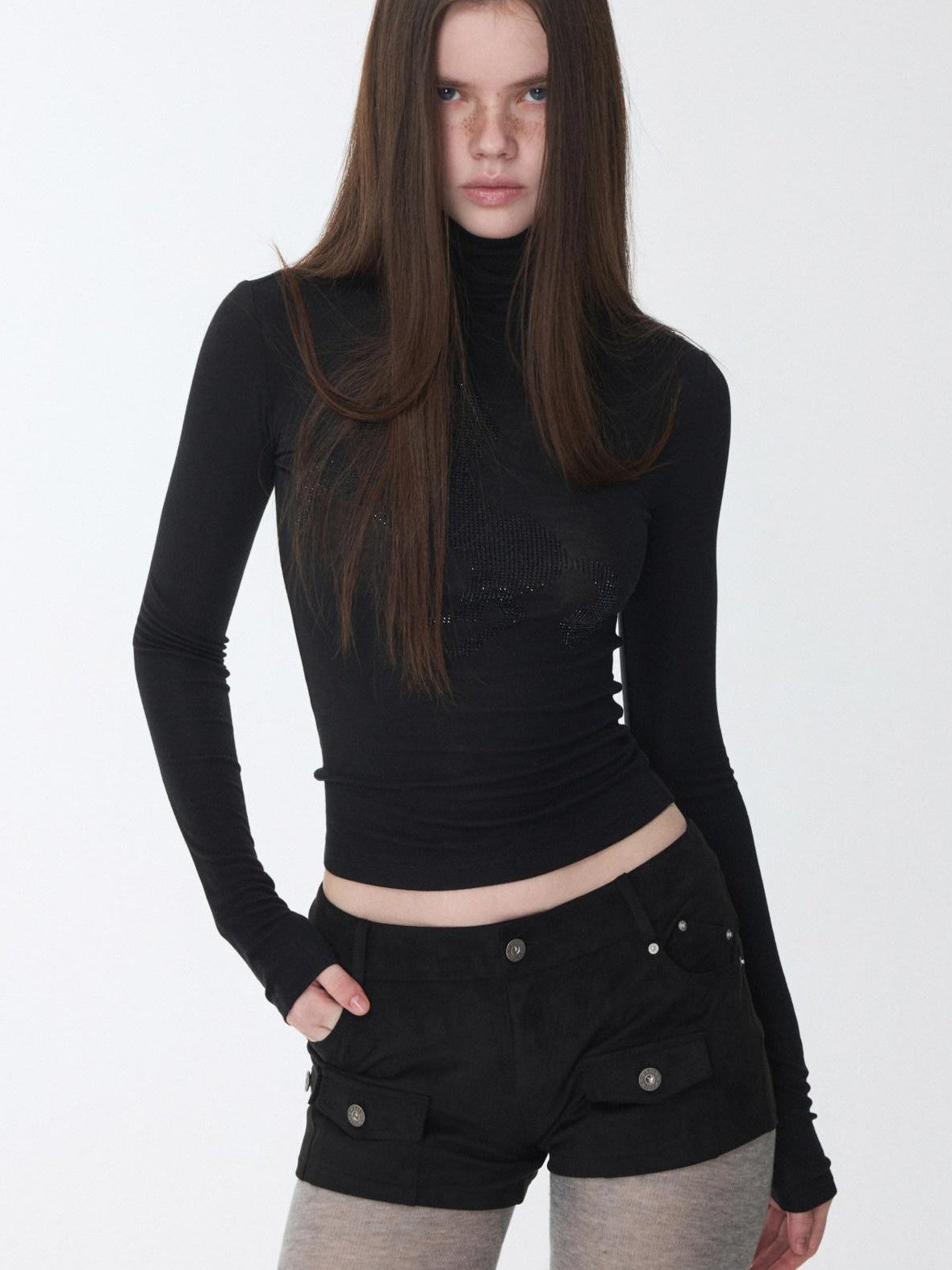 1JINN STUDIO Solid Rhinestone Mock Neck Slim Fit Women&