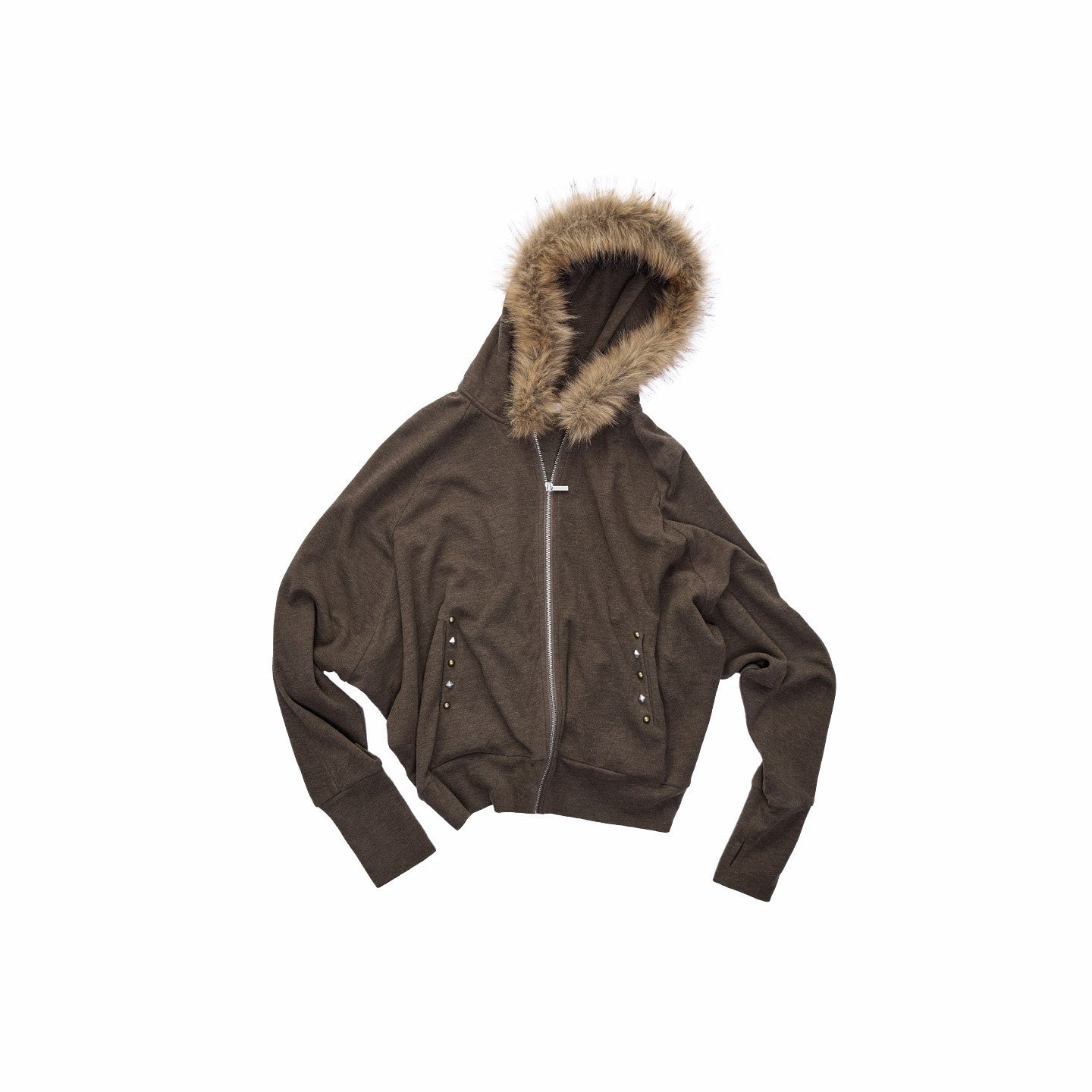 1JINN_STUDIO_Solid_Studded_Fur_Collar_Batwing_Hooded_Drawstring_Women&
