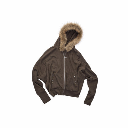 1JINN_STUDIO_Solid_Studded_Fur_Collar_Batwing_Hooded_Drawstring_Women&