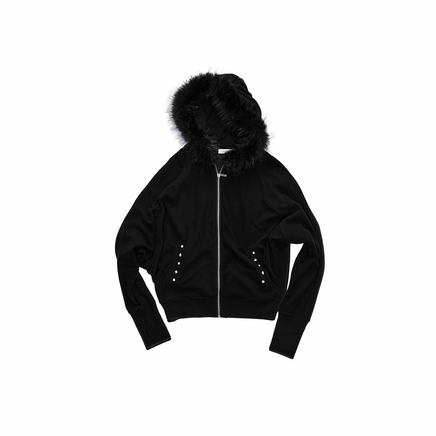 1JINN_STUDIO_Solid_Studded_Fur_Collar_Batwing_Hooded_Drawstring_Women&