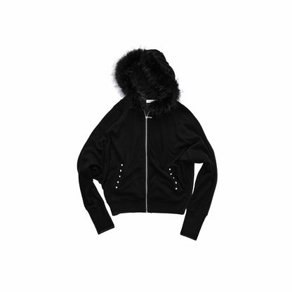 1JINN_STUDIO_Solid_Studded_Fur_Collar_Batwing_Hooded_Drawstring_Women&