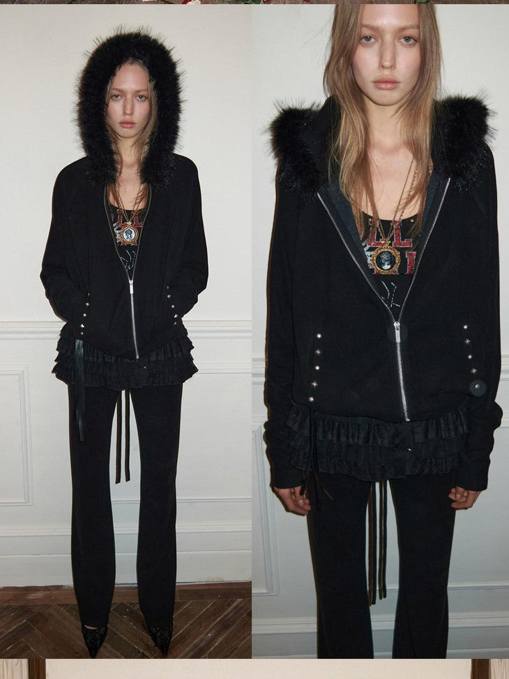 1JINN STUDIO Solid Studded Fur Collar Batwing Hooded Drawstring Women&