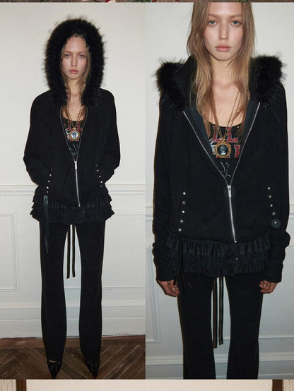 1JINN STUDIO Solid Studded Fur Collar Batwing Hooded Drawstring Women&