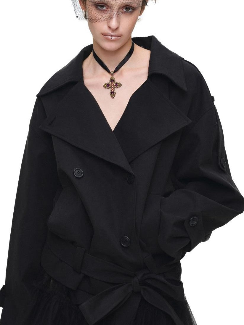 1JINN STUDIO Stand Collar Curved Shoulder Double Breasted Belted Women&