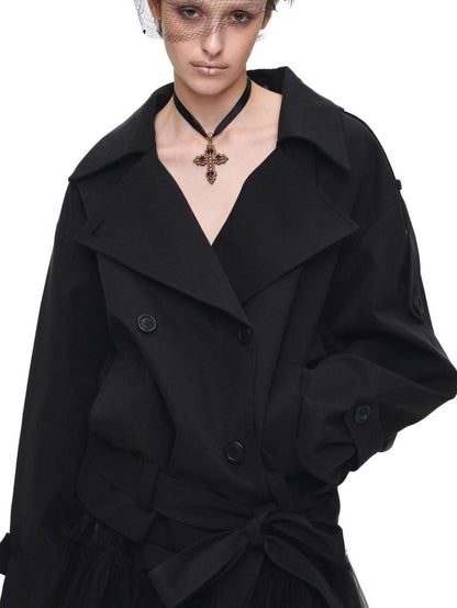 1JINN STUDIO Stand Collar Curved Shoulder Double Breasted Belted Women&